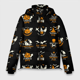 Мужская зимняя куртка 3D с принтом Halloween в городе Новоалтайск, верх — 100% полиэстер; подкладка — 100% полиэстер; утеплитель — 100% полиэстер | длина ниже бедра, свободный силуэт Оверсайз. Есть воротник-стойка, отстегивающийся капюшон и ветрозащитная планка. 

Боковые карманы с листочкой на кнопках и внутренний карман на молнии. | 31 октября | halloween | halowen | ведьма | день всех святых | джек | костюм | кровь | лого | монстр | надпись | праздник | приведение | призрак | светильник | символ | страшная | тыква | ужасы | хеллоуин | хеллуин