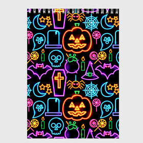 Скетчбук с принтом Halloween в городе Новоалтайск, 100% бумага
 | 48 листов, плотность листов — 100 г/м2, плотность картонной обложки — 250 г/м2. Листы скреплены сверху удобной пружинной спиралью | 31 октября | halloween | halowen | ведьма | день всех святых | джек | костюм | кровь | лого | монстр | надпись | праздник | приведение | призрак | светильник | символ | страшная | тыква | ужасы | хеллоуин | хеллуин