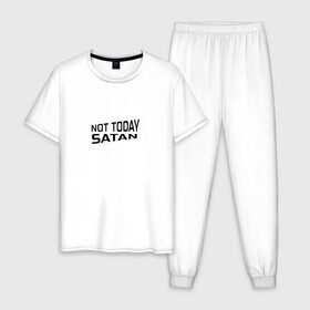 Мужская пижама хлопок с принтом Not today Satan в городе Новоалтайск, 100% хлопок | брюки и футболка прямого кроя, без карманов, на брюках мягкая резинка на поясе и по низу штанин
 | not today satan | дьявол | надпись на английском | не сегодня сатана | нечисть | прикол | прикольная надпись | сатана