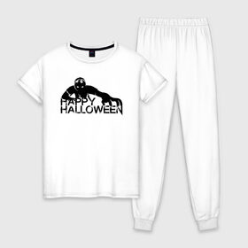 Женская пижама хлопок с принтом Halloween в городе Новоалтайск, 100% хлопок | брюки и футболка прямого кроя, без карманов, на брюках мягкая резинка на поясе и по низу штанин | 31 октября | halloween | halowen | ведьма | день всех святых | джек | костюм | кровь | лого | монстр | надпись | праздник | приведение | призрак | светильник | символ | страшная | тыква | ужасы | хеллоуин | хеллуин