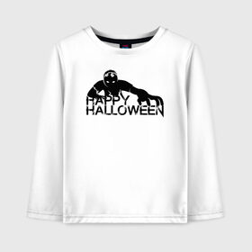 Детский лонгслив хлопок с принтом Halloween в городе Новоалтайск, 100% хлопок | круглый вырез горловины, полуприлегающий силуэт, длина до линии бедер | 31 октября | halloween | halowen | ведьма | день всех святых | джек | костюм | кровь | лого | монстр | надпись | праздник | приведение | призрак | светильник | символ | страшная | тыква | ужасы | хеллоуин | хеллуин