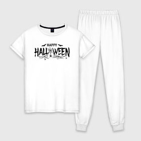 Женская пижама хлопок с принтом Halloween в городе Новоалтайск, 100% хлопок | брюки и футболка прямого кроя, без карманов, на брюках мягкая резинка на поясе и по низу штанин | 31 октября | halloween | halowen | ведьма | день всех святых | джек | костюм | кровь | лого | монстр | надпись | праздник | приведение | призрак | светильник | символ | страшная | тыква | ужасы | хеллоуин | хеллуин