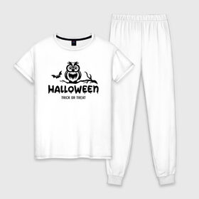 Женская пижама хлопок с принтом Halloween в городе Новоалтайск, 100% хлопок | брюки и футболка прямого кроя, без карманов, на брюках мягкая резинка на поясе и по низу штанин | 31 октября | halloween | halowen | ведьма | день всех святых | джек | костюм | кровь | лого | монстр | надпись | праздник | приведение | призрак | светильник | символ | страшная | тыква | ужасы | хеллоуин | хеллуин