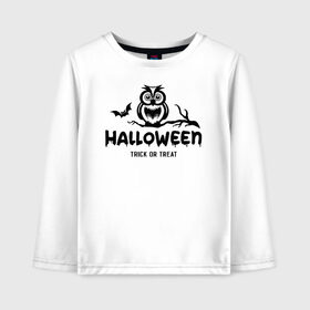 Детский лонгслив хлопок с принтом Halloween в городе Новоалтайск, 100% хлопок | круглый вырез горловины, полуприлегающий силуэт, длина до линии бедер | 31 октября | halloween | halowen | ведьма | день всех святых | джек | костюм | кровь | лого | монстр | надпись | праздник | приведение | призрак | светильник | символ | страшная | тыква | ужасы | хеллоуин | хеллуин