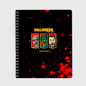 Тетрадь с принтом Halloween в городе Новоалтайск, 100% бумага | 48 листов, плотность листов — 60 г/м2, плотность картонной обложки — 250 г/м2. Листы скреплены сбоку удобной пружинной спиралью. Уголки страниц и обложки скругленные. Цвет линий — светло-серый
 | 31 октября | halloween | halowen | ведьма | день всех святых | джек | костюм | кровь | лого | монстр | надпись | праздник | приведение | призрак | светильник | символ | страшная | тыква | ужасы | хеллоуин | хеллуин