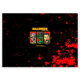 Поздравительная открытка с принтом Halloween в городе Новоалтайск, 100% бумага | плотность бумаги 280 г/м2, матовая, на обратной стороне линовка и место для марки
 | Тематика изображения на принте: 31 октября | halloween | halowen | ведьма | день всех святых | джек | костюм | кровь | лого | монстр | надпись | праздник | приведение | призрак | светильник | символ | страшная | тыква | ужасы | хеллоуин | хеллуин