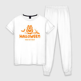 Женская пижама хлопок с принтом Halloween в городе Новоалтайск, 100% хлопок | брюки и футболка прямого кроя, без карманов, на брюках мягкая резинка на поясе и по низу штанин | 31 октября | halloween | halowen | ведьма | день всех святых | джек | костюм | кровь | лого | монстр | надпись | праздник | приведение | призрак | светильник | символ | страшная | тыква | ужасы | хеллоуин | хеллуин