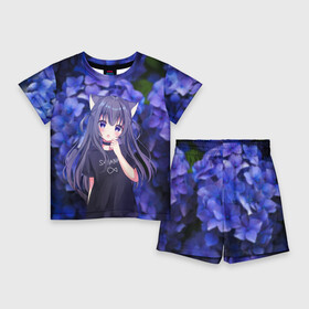 Детский костюм с шортами 3D с принтом Неко в городе Новоалтайск,  |  | flowers | neko | nekomimi | tyan | кошка | кошкодевочка | мими | неко | тян | ушки | фиолетовый | цветы