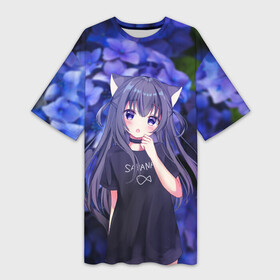 Платье-футболка 3D с принтом Неко в городе Новоалтайск,  |  | flowers | neko | nekomimi | tyan | кошка | кошкодевочка | мими | неко | тян | ушки | фиолетовый | цветы
