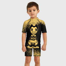 Детский купальный костюм 3D с принтом Bendy And The Ink Machine в городе Новоалтайск, Полиэстер 85%, Спандекс 15% | застежка на молнии на спине | bendy | bendy and the ink machine | бенди | бени | бенни | бэнди | детская | детям | игра | капли | компьютерная игра | краска | машина | подтеки | ужастик | чернила | чернильная