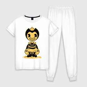 Женская пижама хлопок с принтом Bendy And The Ink Machine в городе Новоалтайск, 100% хлопок | брюки и футболка прямого кроя, без карманов, на брюках мягкая резинка на поясе и по низу штанин | bendy | bendy and the ink machine | бенди | бени | бенни | бэнди | детская | детям | игра | капли | компьютерная игра | краска | машина | подтеки | ужастик | чернила | чернильная
