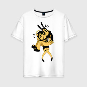 Женская футболка хлопок Oversize с принтом Bendy And The Ink Machine в городе Новоалтайск, 100% хлопок | свободный крой, круглый ворот, спущенный рукав, длина до линии бедер
 | bendy | bendy and the ink machine | бенди | бени | бенни | бэнди | детская | детям | игра | капли | компьютерная игра | краска | машина | подтеки | ужастик | чернила | чернильная
