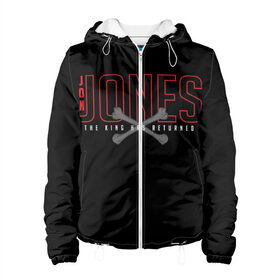 Женская куртка 3D с принтом Jon Bones Jones в городе Новоалтайск, ткань верха — 100% полиэстер, подклад — флис | прямой крой, подол и капюшон оформлены резинкой с фиксаторами, два кармана без застежек по бокам, один большой потайной карман на груди. Карман на груди застегивается на липучку | bones | jon | jones | mma | ufc | боец | джон | джонс | единоборства | кости | кость | мма | смешанные | юфс