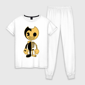 Женская пижама хлопок с принтом Bendy And The Ink Machine в городе Новоалтайск, 100% хлопок | брюки и футболка прямого кроя, без карманов, на брюках мягкая резинка на поясе и по низу штанин | bendy | bendy and the ink machine | бенди | бени | бенни | бэнди | детская | детям | игра | капли | компьютерная игра | краска | машина | подтеки | ужастик | чернила | чернильная