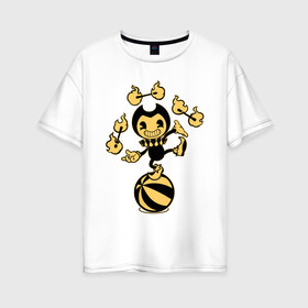 Женская футболка хлопок Oversize с принтом Bendy And The Ink Machine в городе Новоалтайск, 100% хлопок | свободный крой, круглый ворот, спущенный рукав, длина до линии бедер
 | bendy | bendy and the ink machine | бенди | бени | бенни | бэнди | детская | детям | игра | капли | компьютерная игра | краска | машина | подтеки | ужастик | чернила | чернильная