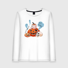 Женский лонгслив хлопок с принтом Mishka phantoms and pumpkins в городе Новоалтайск, 100% хлопок |  | bear | halloween | hallowen | halowen | helloween | mishka | phantom | phantoms | pumpkin | pumpkins | день всех святых | медведь | медвежонок | мишка | приведение | тыква | тыквы | фантомы | халовен | халовин | хеллуин