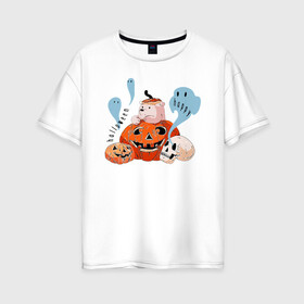 Женская футболка хлопок Oversize с принтом Mishka phantoms and pumpkins в городе Новоалтайск, 100% хлопок | свободный крой, круглый ворот, спущенный рукав, длина до линии бедер
 | bear | halloween | hallowen | halowen | helloween | mishka | phantom | phantoms | pumpkin | pumpkins | день всех святых | медведь | медвежонок | мишка | приведение | тыква | тыквы | фантомы | халовен | халовин | хеллуин