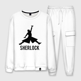 Мужской костюм хлопок с принтом Sherlock Jordan в городе Новоалтайск, 100% хлопок | на свитшоте круглая горловина, мягкая резинка по низу. Брюки заужены к низу, на них два вида карманов: два “обычных” по бокам и два объемных, с клапанами, расположенные ниже линии бедра. Брюки с мягкой трикотажной резинкой на поясе и по низу штанин. В поясе для дополнительного комфорта — широкие завязки | air | basketball | game | goat | jordan | michael | nba | sherlock | sport | баскетбол | буллз | буллс | бык | джордан | майкл | нба | последний танец | сериал | спорт | холмс | чемпион | чикаго | шерлок