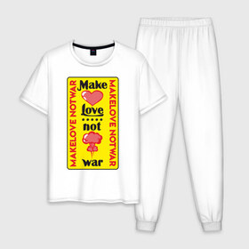 Мужская пижама хлопок с принтом Make love, not war в городе Новоалтайск, 100% хлопок | брюки и футболка прямого кроя, без карманов, на брюках мягкая резинка на поясе и по низу штанин
 | make love not war | война | занимайтесь любовью а не войной | любовь | прикольная надпись