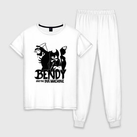Женская пижама хлопок с принтом Bendy And The Ink Machine в городе Новоалтайск, 100% хлопок | брюки и футболка прямого кроя, без карманов, на брюках мягкая резинка на поясе и по низу штанин | bendy | bendy and the ink machine | бенди | бени | бенни | бэнди | детская | детям | игра | капли | компьютерная игра | краска | машина | подтеки | ужастик | чернила | чернильная