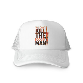 Кепка тракер с сеткой с принтом Kill the boogey man в городе Новоалтайск, трикотажное полотно; задняя часть — сетка | длинный козырек, универсальный размер, пластиковая застежка | boogey man | boogeyman | halloween | hallowen | halowen | helloween | kill | буги мен | бугимен | халовен | халовин | хеллуин