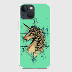 Чехол для iPhone 13 mini с принтом Единорог акварель в городе Новоалтайск,  |  | Тематика изображения на принте: акварель | голова единорога | единорог | мифические существа. | прямые линии с акварелью | рисунок в акварели
