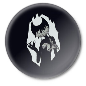 Значок с принтом Bendy And The Ink Machine в городе Новоалтайск,  металл | круглая форма, металлическая застежка в виде булавки | Тематика изображения на принте: bendy | bendy and the ink machine | бенди | бени | бенни | бэнди | детская | детям | игра | капли | компьютерная игра | краска | машина | подтеки | ужастик | чернила | чернильная