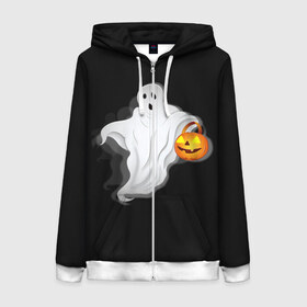 Женская толстовка 3D на молнии с принтом Halloween в городе Новоалтайск, 100% полиэстер | длина до линии бедра, манжеты и пояс оформлены мягкой тканевой резинкой, двухслойный капюшон со шнурком для регулировки, спереди молния, по бокам два кармана | ghost | halloween | jack | lantern | pumpkin | призрак | светильник джека | хэллоуин