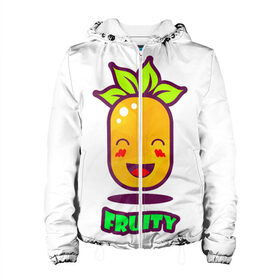 Женская куртка 3D с принтом Fruity в городе Новоалтайск, ткань верха — 100% полиэстер, подклад — флис | прямой крой, подол и капюшон оформлены резинкой с фиксаторами, два кармана без застежек по бокам, один большой потайной карман на груди. Карман на груди застегивается на липучку | fruit | ананас | вкусно | сладость | фрукты