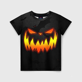 Детская футболка 3D с принтом Pumpkin smile and bats в городе Новоалтайск, 100% гипоаллергенный полиэфир | прямой крой, круглый вырез горловины, длина до линии бедер, чуть спущенное плечо, ткань немного тянется | 2020 | bat | bats | face | halloween | mask | nightmare | pumpkin | scary | smile | smiling | летучая | лицо | маска | мыши | мышь | привидение | страшная | тыква | улыбка | хэлоуин