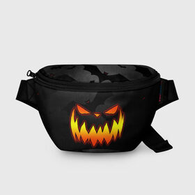 Поясная сумка 3D с принтом Pumpkin smile and bats в городе Новоалтайск, 100% полиэстер | плотная ткань, ремень с регулируемой длиной, внутри несколько карманов для мелочей, основное отделение и карман с обратной стороны сумки застегиваются на молнию | 2020 | bat | bats | face | halloween | mask | nightmare | pumpkin | scary | smile | smiling | летучая | лицо | маска | мыши | мышь | привидение | страшная | тыква | улыбка | хэлоуин