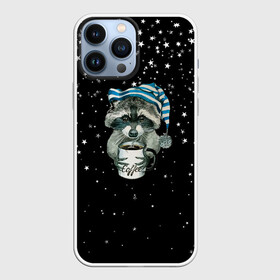 Чехол для iPhone 13 Pro Max с принтом Милый енот в городе Новоалтайск,  |  | Тематика изображения на принте: coffee | девочке | детская | енот | енот с кофе | енотик | зверь | зима | зимняя сказка | кот | котейка | котик | кофе | кофеман | кружка | лайки | люблю кофе | милый енот | милый зерь | прикол | снег | снежинка