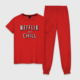 Женская пижама хлопок с принтом Netflix and Chill в городе Новоалтайск, 100% хлопок | брюки и футболка прямого кроя, без карманов, на брюках мягкая резинка на поясе и по низу штанин | chill | lets chill | netflix and chill | вайб | давай чилить | лень | летс чил | настроение | нетфлик анд чил | отдохни | расслабься | чил