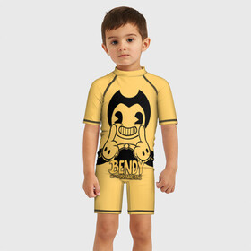 Детский купальный костюм 3D с принтом Bendy And The Ink Machine в городе Новоалтайск, Полиэстер 85%, Спандекс 15% | застежка на молнии на спине | bendy | bendy and the ink machine | бенди | бени | бенни | бэнди | детская | детям | игра | капли | компьютерная игра | краска | машина | подтеки | ужастик | чернила | чернильная