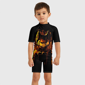 Детский купальный костюм 3D с принтом Bendy And The Ink Machine в городе Новоалтайск, Полиэстер 85%, Спандекс 15% | застежка на молнии на спине | bendy | bendy and the ink machine | бенди | бени | бенни | бэнди | детская | детям | игра | капли | компьютерная игра | краска | машина | подтеки | ужастик | чернила | чернильная