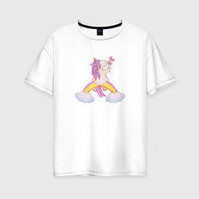 Женская футболка хлопок Oversize с принтом Pony unicorn on a rainbow в городе Новоалтайск, 100% хлопок | свободный крой, круглый ворот, спущенный рукав, длина до линии бедер
 | cartoon | clouds | flower | horse | kawaii | pink | pony | rainbow | unicorn | бабочка | держит цветок | детский | единорог | животные | забавный | звери | конь | лошадка | лошадь | милый | облака | пони | поняшка | радуга | рог