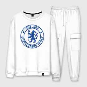 Мужской костюм хлопок с принтом Chelsea FC в городе Новоалтайск, 100% хлопок | на свитшоте круглая горловина, мягкая резинка по низу. Брюки заужены к низу, на них два вида карманов: два “обычных” по бокам и два объемных, с клапанами, расположенные ниже линии бедра. Брюки с мягкой трикотажной резинкой на поясе и по низу штанин. В поясе для дополнительного комфорта — широкие завязки | blue | chelsea | club | english | fc | football | london | retirees | soccer | английский | клуб | лондон | пенсионеры | синие | фк | футбол | футбольный | челси