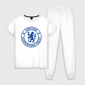 Женская пижама хлопок с принтом Chelsea FC в городе Новоалтайск, 100% хлопок | брюки и футболка прямого кроя, без карманов, на брюках мягкая резинка на поясе и по низу штанин | blue | chelsea | club | english | fc | football | london | retirees | soccer | английский | клуб | лондон | пенсионеры | синие | фк | футбол | футбольный | челси