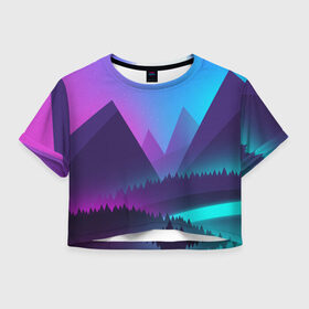Женская футболка Crop-top 3D с принтом NEON FOREST в городе Новоалтайск, 100% полиэстер | круглая горловина, длина футболки до линии талии, рукава с отворотами | горы | звезды | лес | неон | неоновый лес | ночь | природа