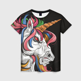 Женская футболка 3D с принтом Evil unicorn в городе Новоалтайск, 100% полиэфир ( синтетическое хлопкоподобное полотно) | прямой крой, круглый вырез горловины, длина до линии бедер | black | blue | evil | evil unicorn | green yellow | horn | horse | multicolored | pink | red | white | белый | зеленый желтый | зло | злой единорог | конь | красный | лошадь | разноцветный | рог | розовый | синий | черный