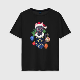 Женская футболка хлопок Oversize с принтом Christmas Luna Cat в городе Новоалтайск, 100% хлопок | свободный крой, круглый ворот, спущенный рукав, длина до линии бедер
 | 2021 | anime | sailor moon | дед мороз | игрушки | кот | котенок | котик | котэ | котя | кошка | лапочка | луна | милый | мимими | новогодний | новый год | носок | подарок | рождество | сейлор мун