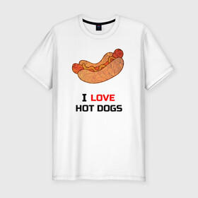 Мужская футболка хлопок Slim с принтом Love HOT DOGS в городе Новоалтайск, 92% хлопок, 8% лайкра | приталенный силуэт, круглый вырез ворота, длина до линии бедра, короткий рукав | еда | люблю | питание | сосиска | хот дог