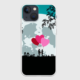 Чехол для iPhone 13 mini с принтом Влюбленная Пара в городе Новоалтайск,  |  | heart | leaves | love | love you | minimal | moon | night | влюбленная пара | влюбленные | воздушные шары | деревья | листья | луна | любовь | минимализм | ночь | отношения | полнолуние | природа | сердечки | сердца | сердце