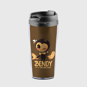 Термокружка-непроливайка с принтом Bendy And The Ink Machine в городе Новоалтайск, внутренняя часть — пищевой пластик, наружная часть — прозрачный пластик, между ними — полиграфическая вставка с рисунком | объем — 350 мл, герметичная крышка | bendy | bendy and the ink machine | бенди | бени | бенни | бэнди | детская | детям | игра | капли | компьютерная игра | краска | машина | подтеки | ужастик | чернила | чернильная