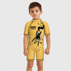 Детский купальный костюм 3D с принтом Bendy And The Ink Machine в городе Новоалтайск, Полиэстер 85%, Спандекс 15% | застежка на молнии на спине | bendy | bendy and the ink machine | бенди | бени | бенни | бэнди | детская | детям | игра | капли | компьютерная игра | краска | машина | подтеки | ужастик | чернила | чернильная