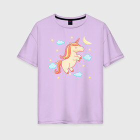 Женская футболка хлопок Oversize с принтом Happy unicorn в городе Новоалтайск, 100% хлопок | свободный крой, круглый ворот, спущенный рукав, длина до линии бедер
 | moon | unicorn | единорог | звезды | месяц | облачка