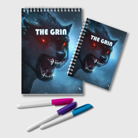 Блокнот с принтом THE GRIN в городе Новоалтайск, 100% бумага | 48 листов, плотность листов — 60 г/м2, плотность картонной обложки — 250 г/м2. Листы скреплены удобной пружинной спиралью. Цвет линий — светло-серый
 | Тематика изображения на принте: волк | волк зимой | глаза волка | горящие глаза | неоновый глаза | оборотень | оскал | оскал волка | оскал оборотня