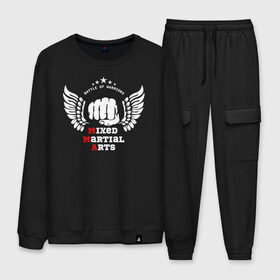 Мужской костюм хлопок с принтом MMA в городе Новоалтайск, 100% хлопок | на свитшоте круглая горловина, мягкая резинка по низу. Брюки заужены к низу, на них два вида карманов: два “обычных” по бокам и два объемных, с клапанами, расположенные ниже линии бедра. Брюки с мягкой трикотажной резинкой на поясе и по низу штанин. В поясе для дополнительного комфорта — широкие завязки | arts | fights | martial | mixed | mma | no rules | sports | wrestling | без правил | боевые | бои | борьба | единоборства | искусства | смешанные | спорт