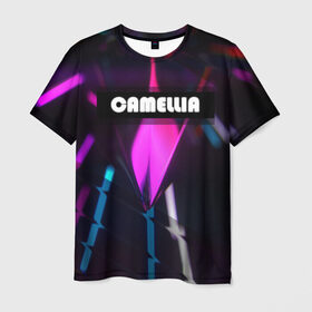 Мужская футболка 3D с принтом CAMELLIA в городе Новоалтайск, 100% полиэфир | прямой крой, круглый вырез горловины, длина до линии бедер | абстракция | геометрия | неоновый огонь | неоновый полосы | неоновый свет