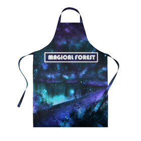 Фартук 3D с принтом MAGICAL FOREST в городе Новоалтайск, 100% полиэстер | общий размер — 65 х 85 см, ширина нагрудника — 26 см, горловина — 53 см, длина завязок — 54 см, общий обхват в поясе — 173 см. Принт на завязках и на горловине наносится с двух сторон, на основной части фартука — только с внешней стороны | звездное небо | магический лес | неоновая пыль | неоновые линии | озеро ночью | отражение в озере | светлячки в лесу